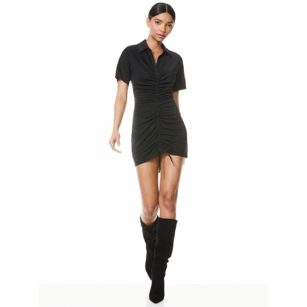 Alice + Olivia Marsha Ruched Polo Mini Dress in Black Small